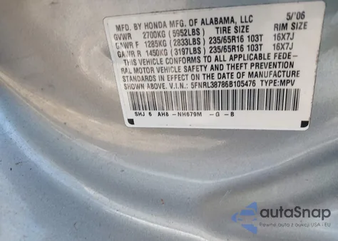 2006 Honda Odyssey Ex-L из США, поврежденный, VIN 5FNRL38786B105476